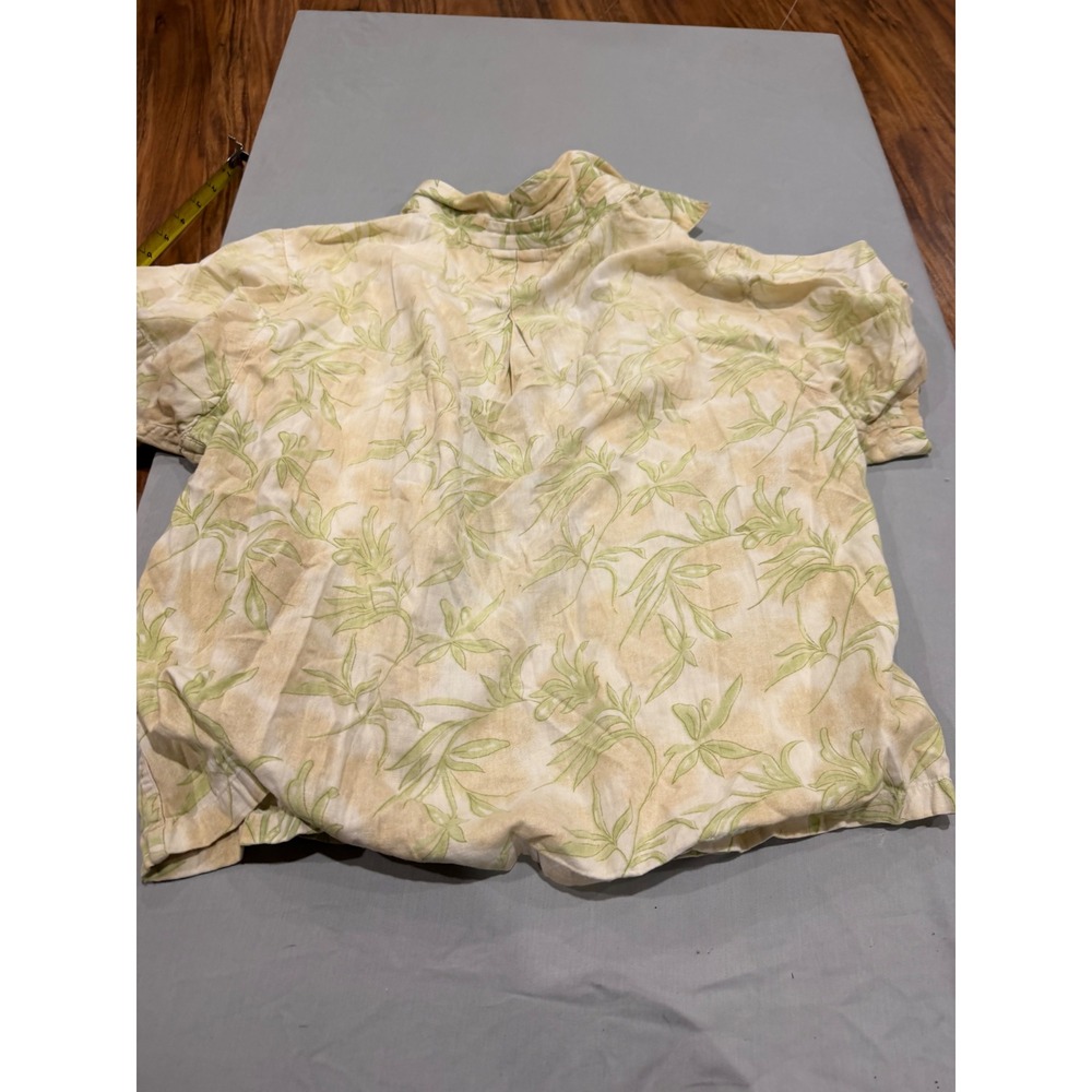 Tropical Mens Flyshacker Button Down Shirt XL Green Tan Leaf Print Cotton Linen